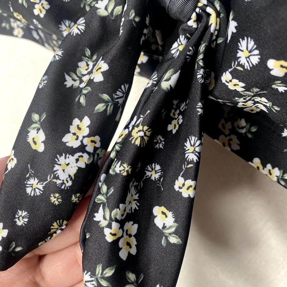 Social Angel Folk Floral Tie Front Bikini Top Black White 3X Women's Swimwear - Image 3