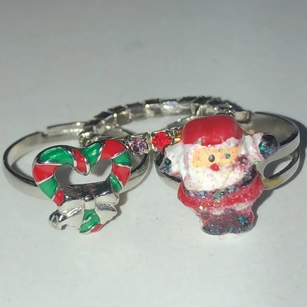 3 Adjustable Candy Cane Santa Colorful Rhinestone Rings Red - Image 6