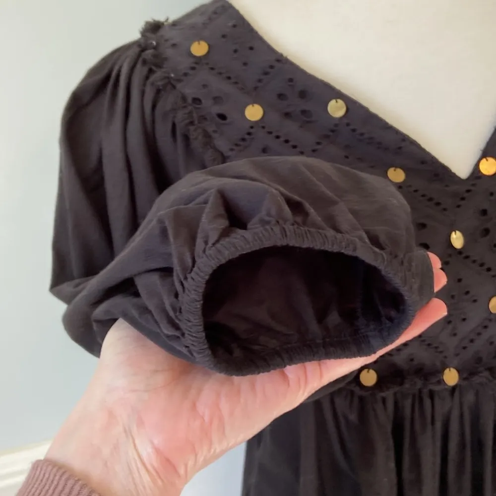 World Market Black Neutral Cotton Eyelet Lace V Neck Chuimui Balloon Sleeve Sz M Size M - Image 6