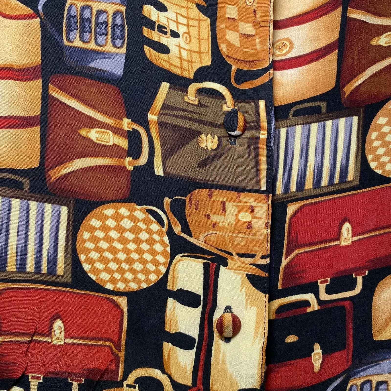 J. McLaughlin for Sanyo Vintage 100% Silk Purse Print Button Down Blouse size 10 - Image 5