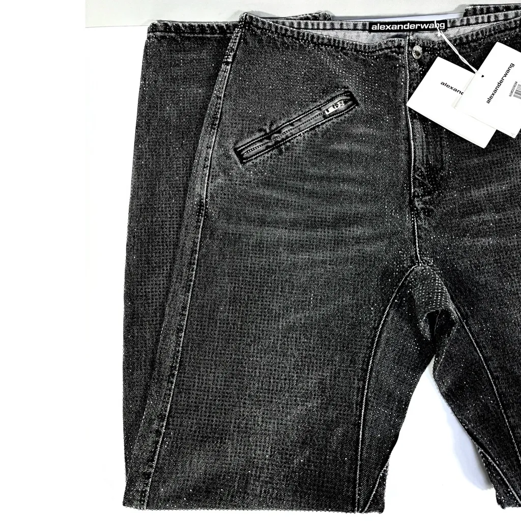 Alexander Wang Hotfix Crystal Moto Jeans Pants Black Crackle Grey 28 NWT - Image 7