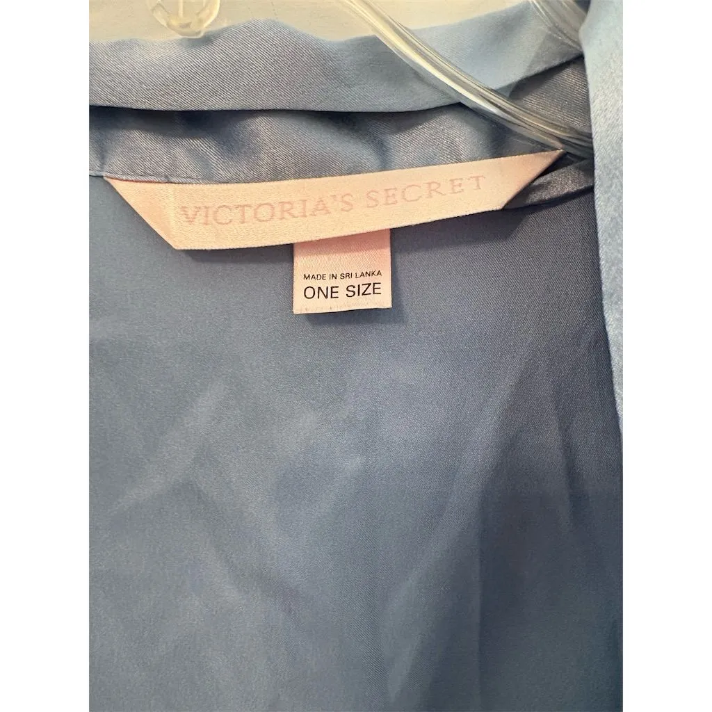 Victoria Secret Women's Blue Satin Robe 3/4 Sleeve Tie Closure‎ - Image 4