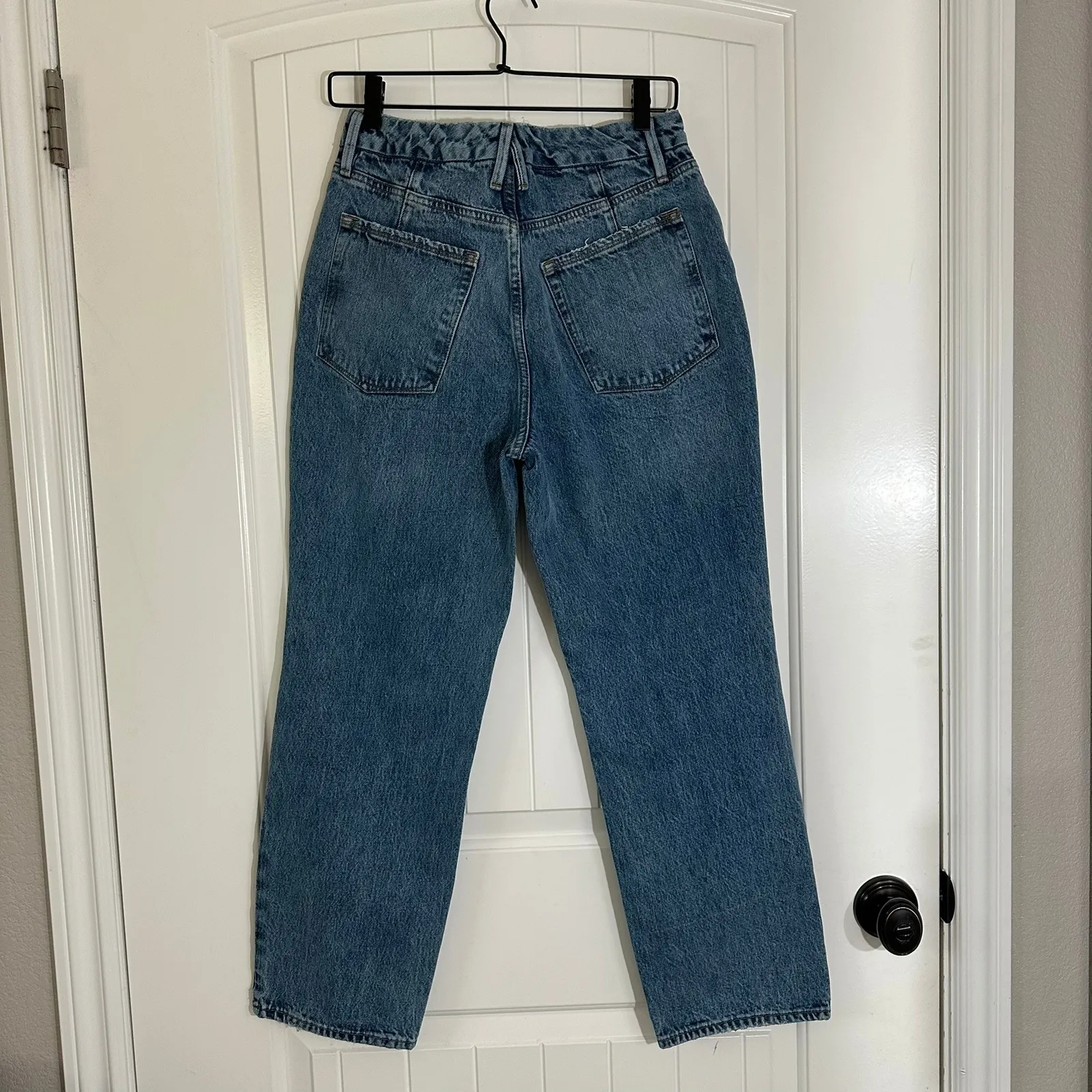 Good American‎ 90's Duster Straight Leg Blue Jeans High Rise Distressed 6/28 - Image 4