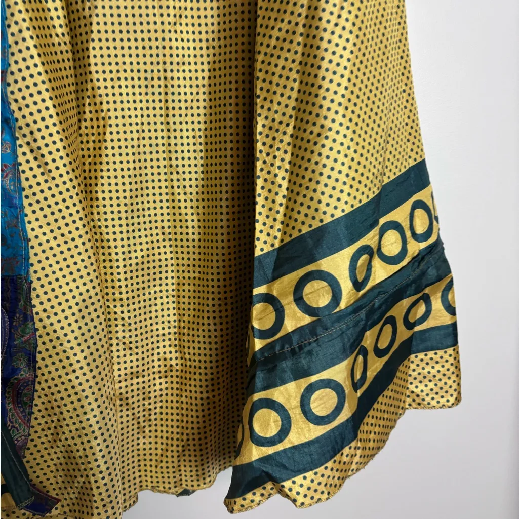 Hand Crafted India Mexicali Reversible Silk Sari Yellow Blue Pattern Wrap Skirt Size L - Image 3