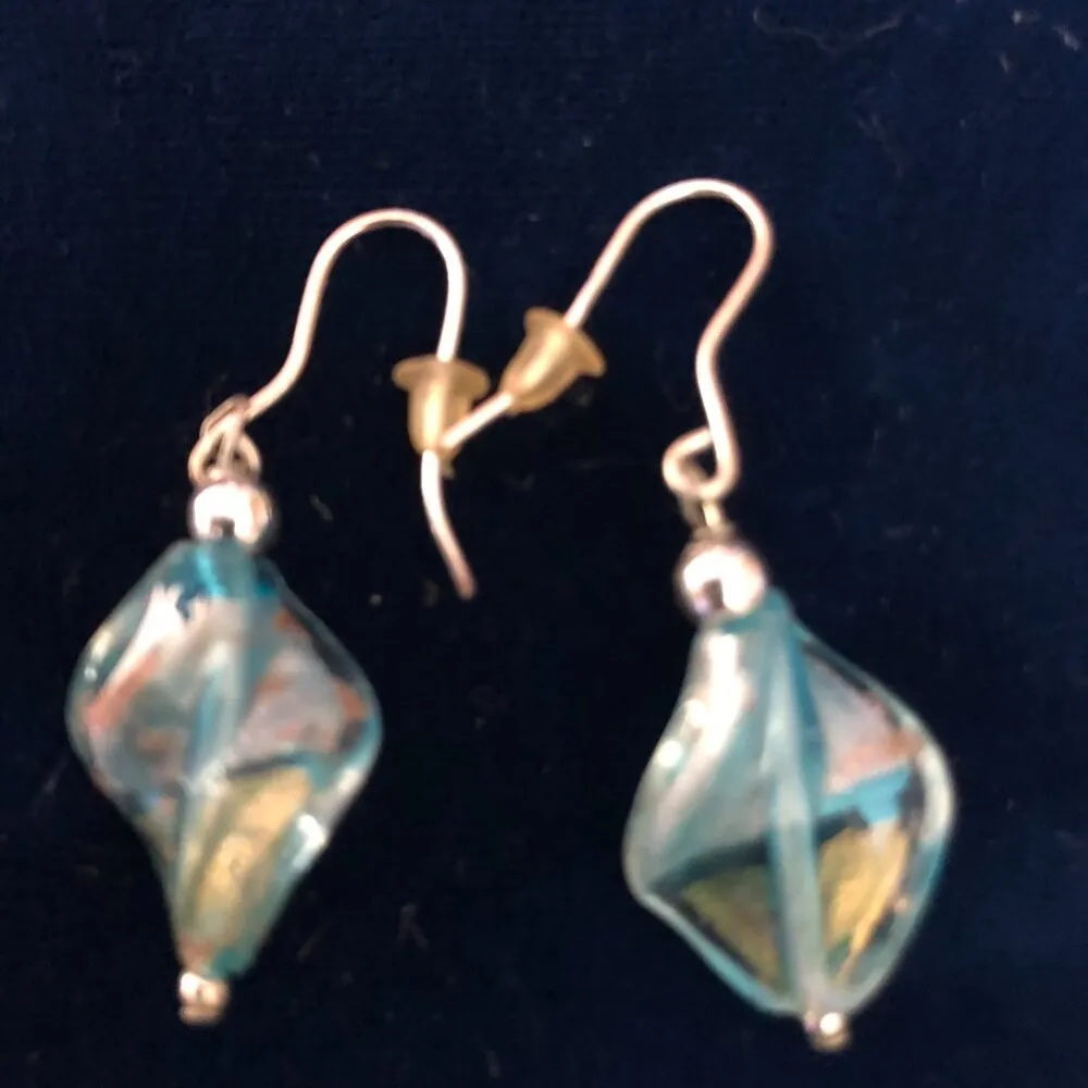 Hand Made Mouth Blown Glass Drop Earrings Swirled Murano style unique 1" x 2" Blue - Image 2