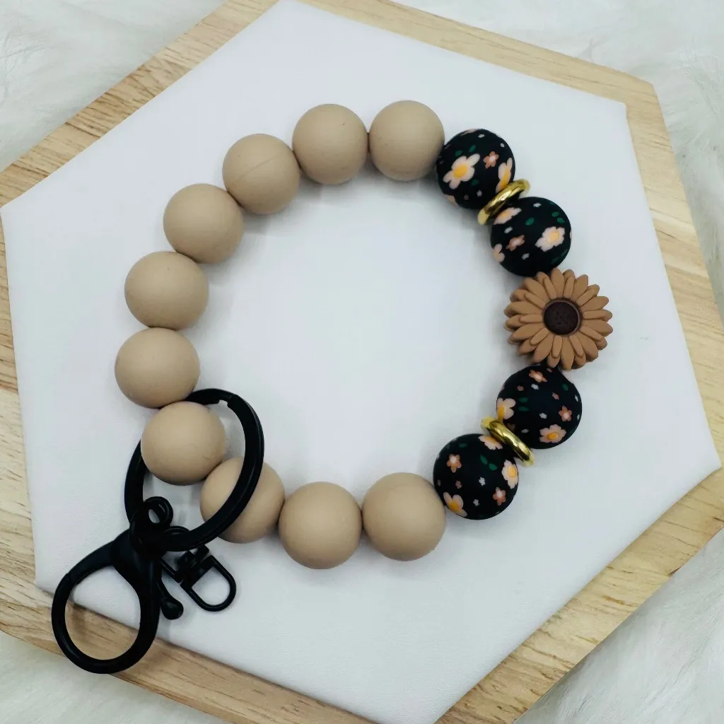 Brown Floral Silicone Beaded Bracelet Keychain Black - Image 2