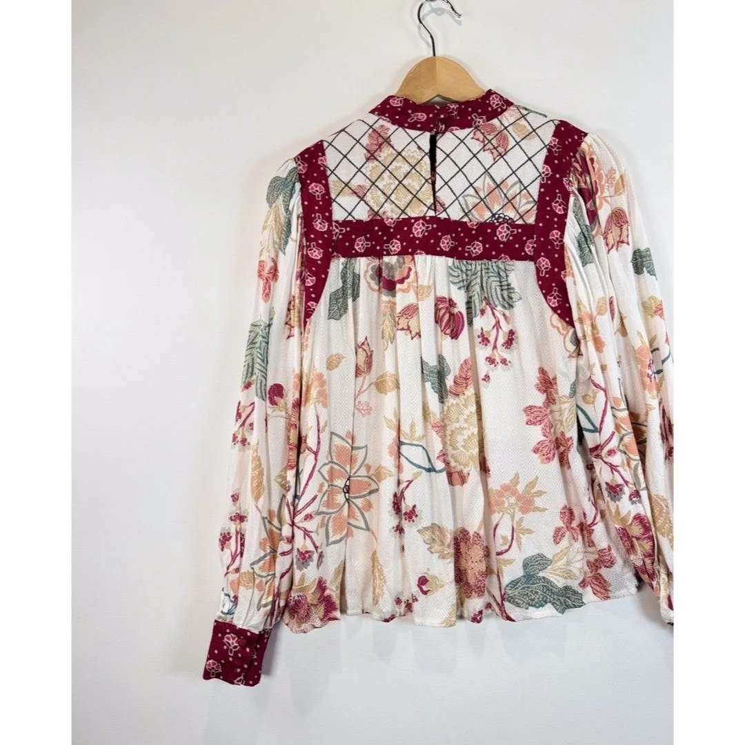 Anthropologie Let Me Be Womens Top Red Quilted Floral Blouse Cottagecore Boho XS - Image 8