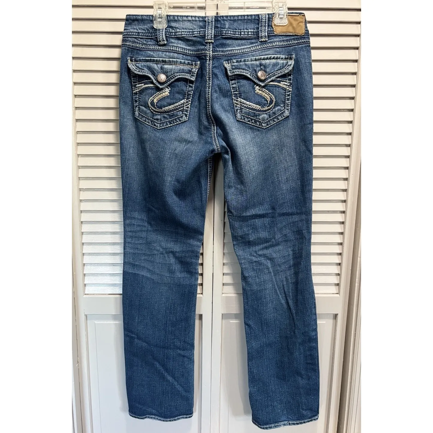 Silver Jeans Suki Surplus Straight Med Wash Low Rise Embroidery Size 31/32 Logo - Image 3