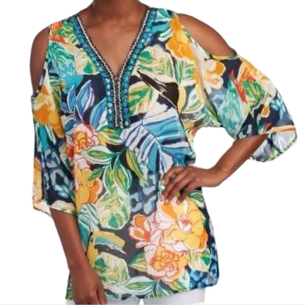 Melissa Paige floral Cold Shoulder Top tunic Multicolor coverup tropical beachy - Image 1