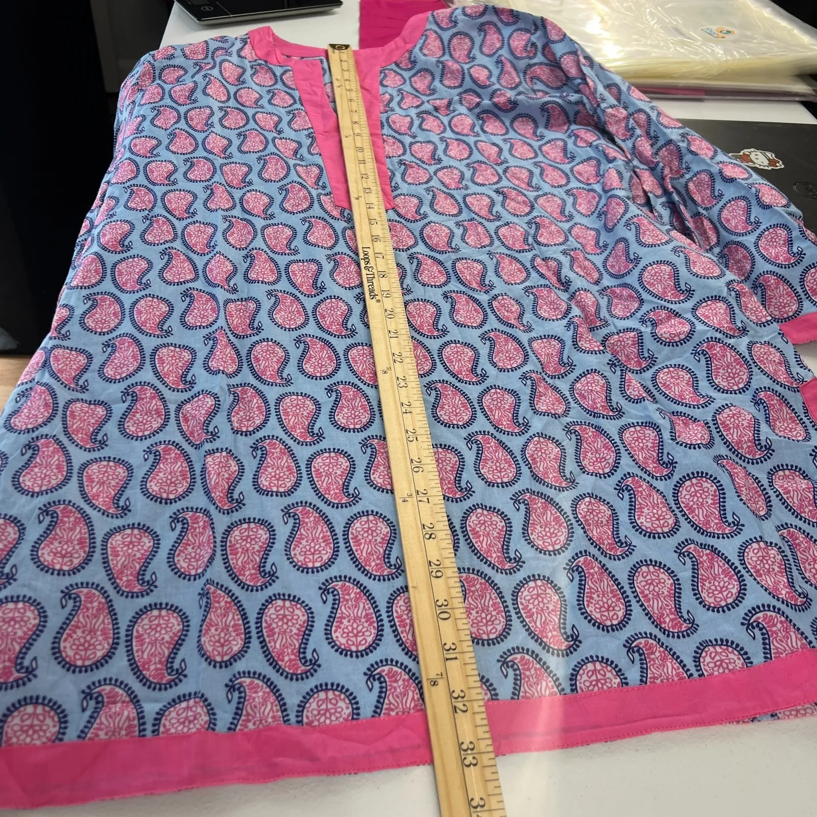 Malabar Bay Tunic Dress Womens XL Blue Cotton Paisley Resort Vacation Crew Neck Pink - Image 12