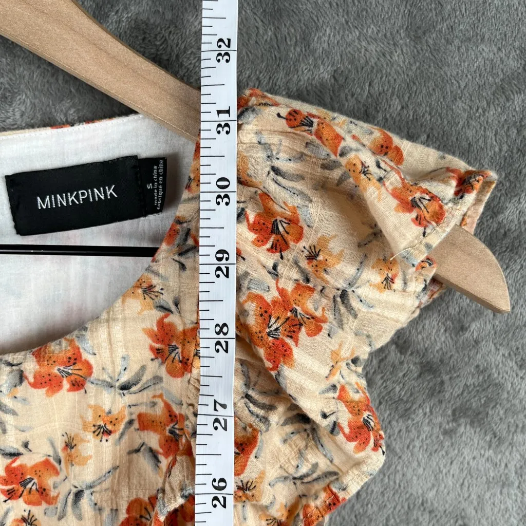 MINKPINK Zahari Mini Dress Women’s S Ruffle Floral Beige Stretchy Boho Summer - Image 7