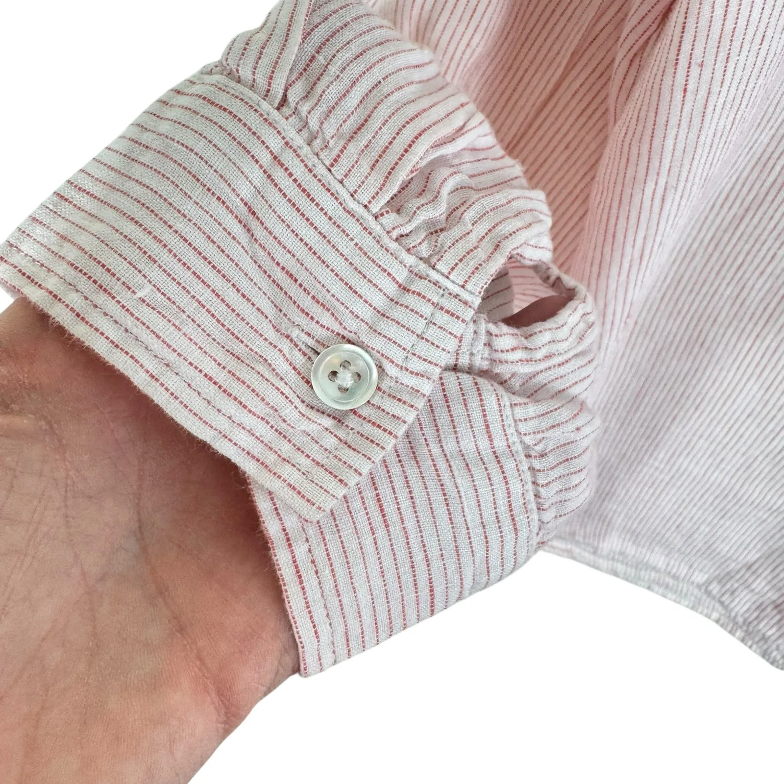 J. Jill 100% Linen Pink White Pinstriped Long Sleeve Collared Button Up Size M Size M - Image 4
