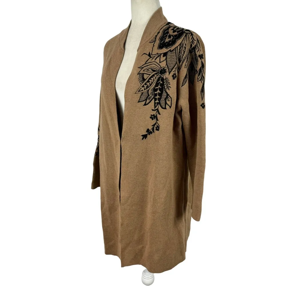 Chico's Floral Embroidered Sweater Long Duster Cardigan Jacket Tan Size Large - Image 8