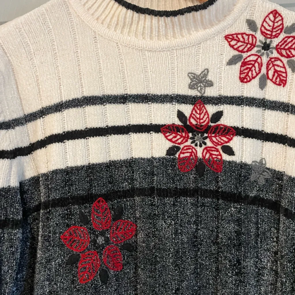 Alfred Dunner Women's L Velour Knit Embroidered Striped Ribbed Mock Neck Sweater - Image 2