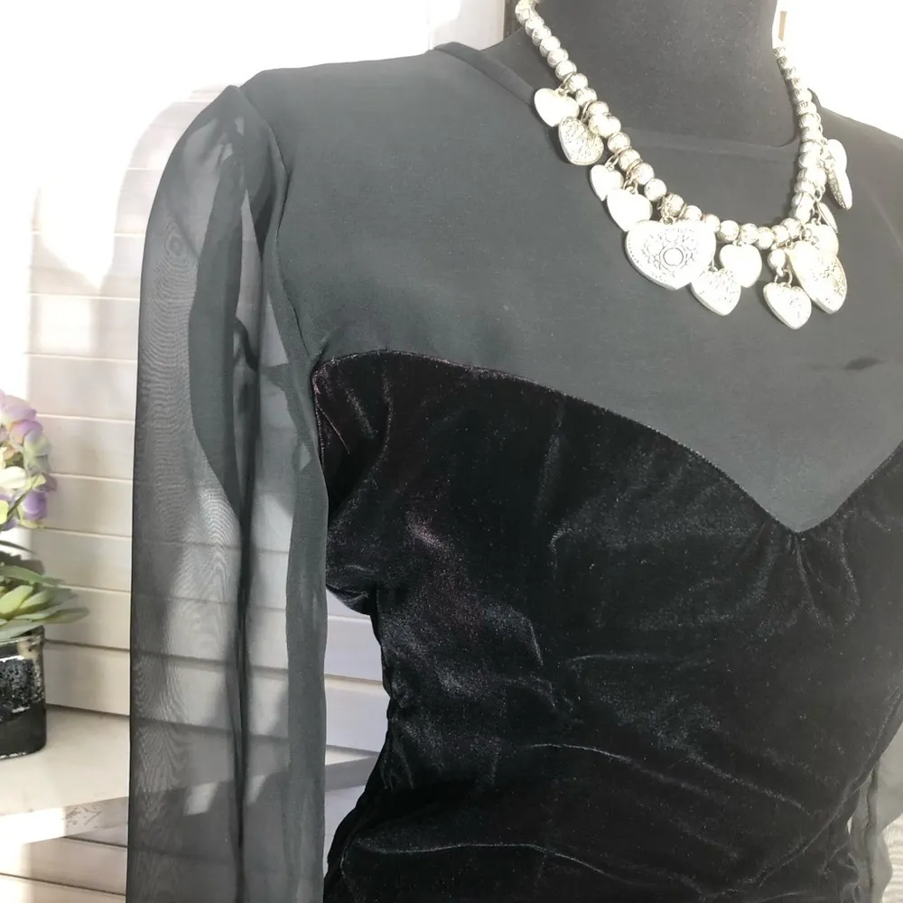 Vintage Black Velvet Sheer Sleeve Cocktail Dress XS - Image 7