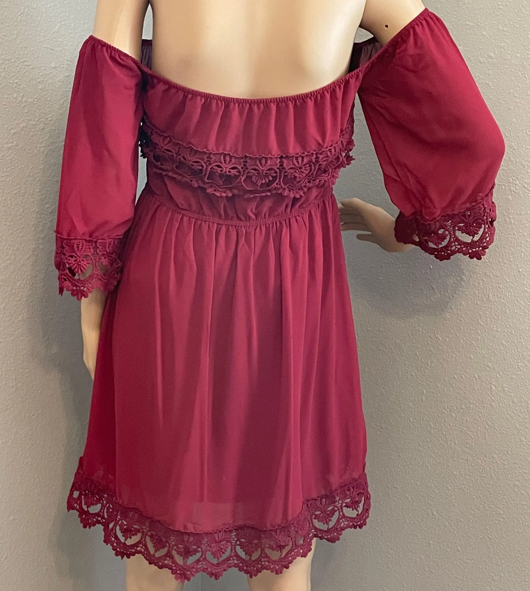 Dark Red Wine Off The Shoulder Crocheted Lace Dress Small - Image 2