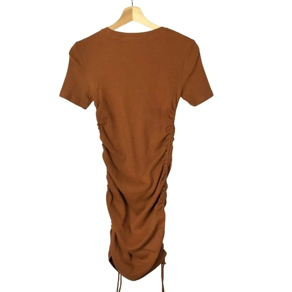 Zara Copper Brown Ribbed Side Tie Short Sleeve Mini Dress M - Image 3
