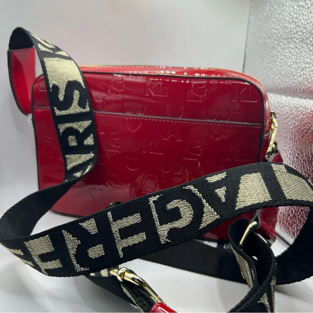 KARL LAGERFELD PARIS RED MAYBELLE CROSSBODY BAG Black & Gold Strap - Image 4