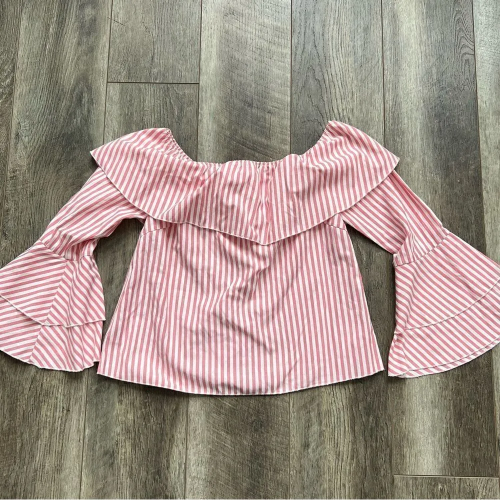 Hyfve Pink Striped Ruffle Off the Shoulder Top Long Bell Sleeve Shirt Size Small - Image 7