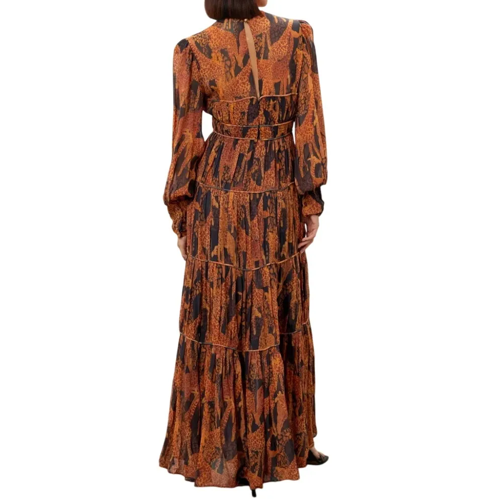 FARM Rio Giraffes Puff Sleeve Maxi Dress in Brown Multi, Size XS - Image 3