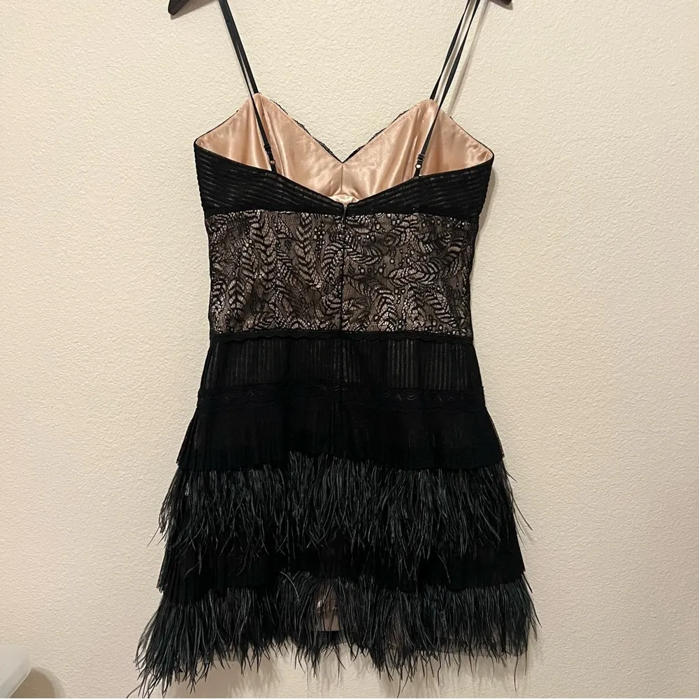 BCBGMaxAzria ostrich feather trim mini dress, lace inlay, nude satin lining,sz 4 - Image 10