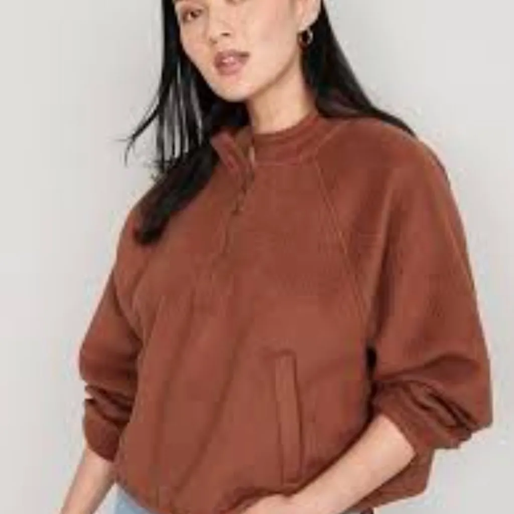 Old Navy Oversized Sherpa Half-Zip Cropped Sweatshirt  Super  Soft Size XS Brown - Image 4