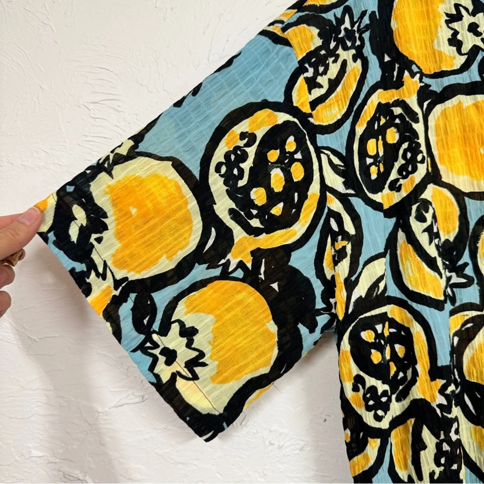 Zara Yellow Blue Short Sleeve Button Down Shirt Womens S Oversized Casual Lemon - Image 2