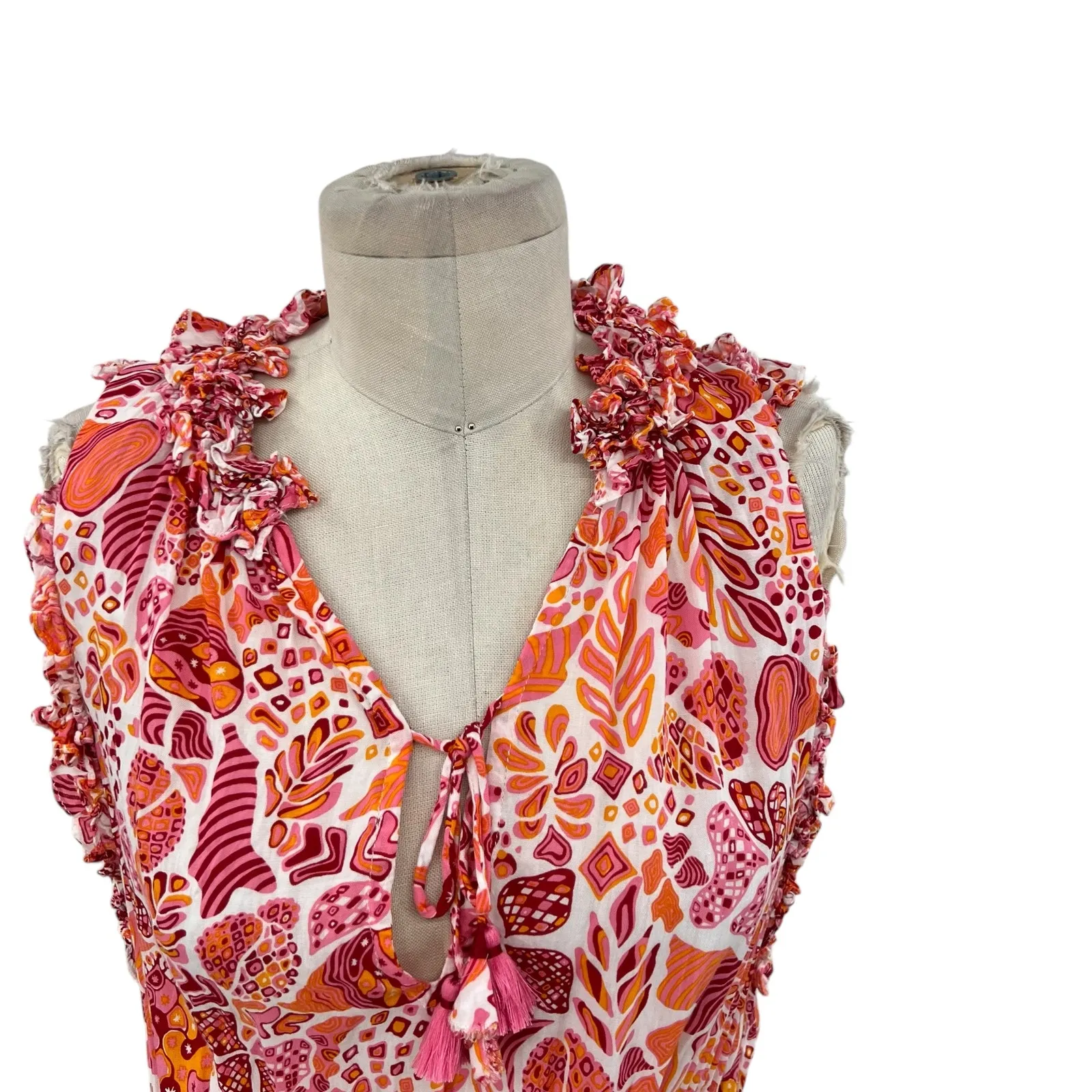 Poupette St Barth Clara Mini Dress Red Chagal Print Orange Pink Size‎ Medium - Image 4