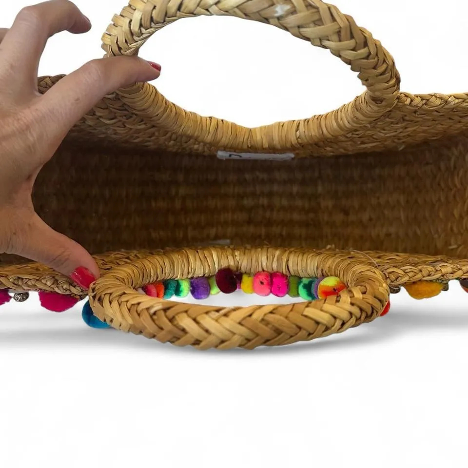 PITUSA Boho Embellished Straw Basket Tote Bag Pom Pom Woven Artisan Beach Bag Brown - Image 3