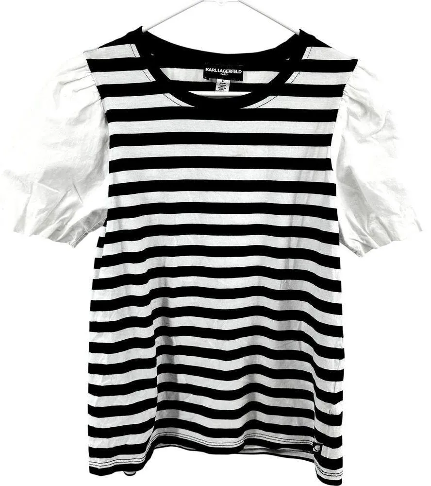 Karl Lagerfeld Collegiate Stripe Tee Poof Puff Sleeve Knitted White Black Small - Image 2