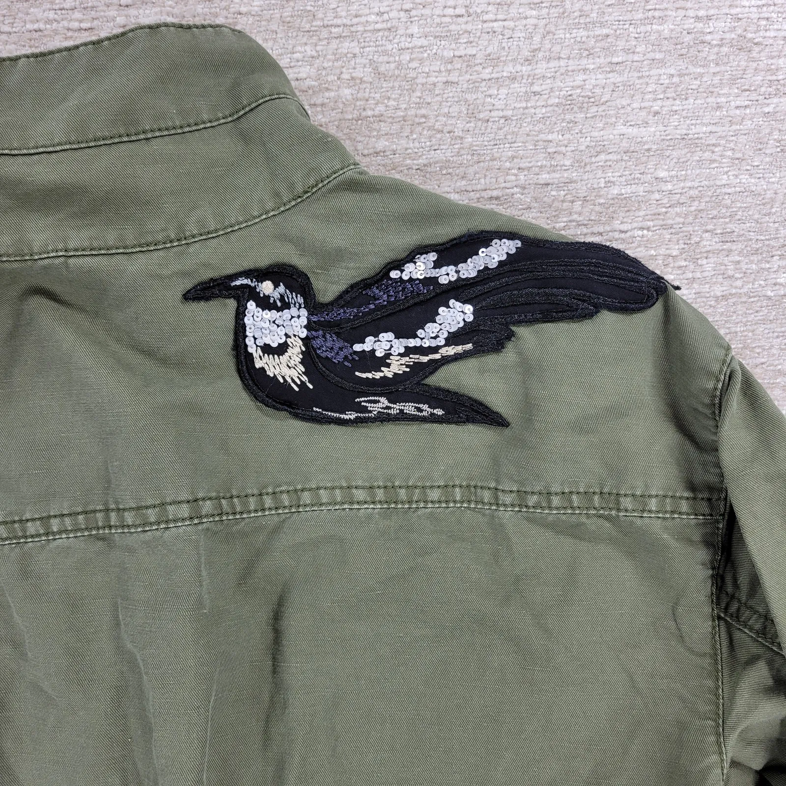 Cabi Bird Utility Jacket Women’s XXS Green Linen Sequin Appliqué Military Parka - Image 10