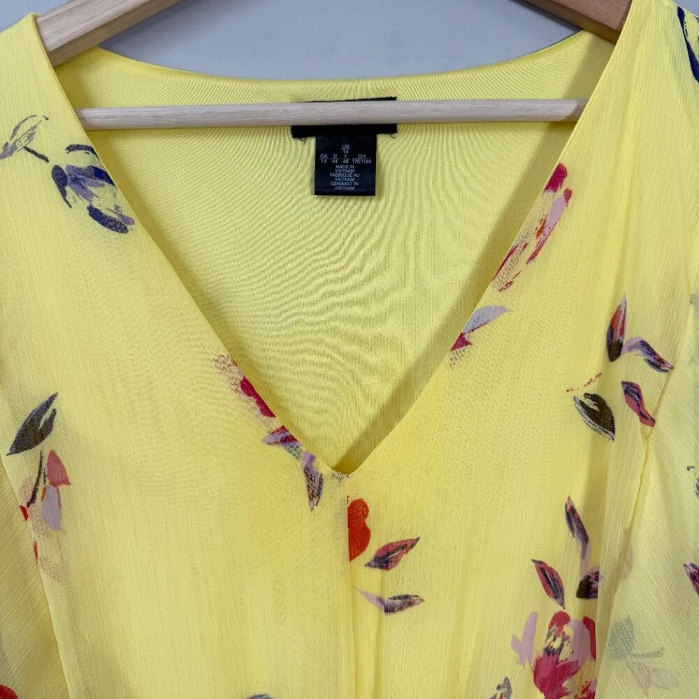 DKNY Shirred Floral Print Crepon Midi Dress Womens 14 Yellow Flutter Sleeve Chic - Image 9