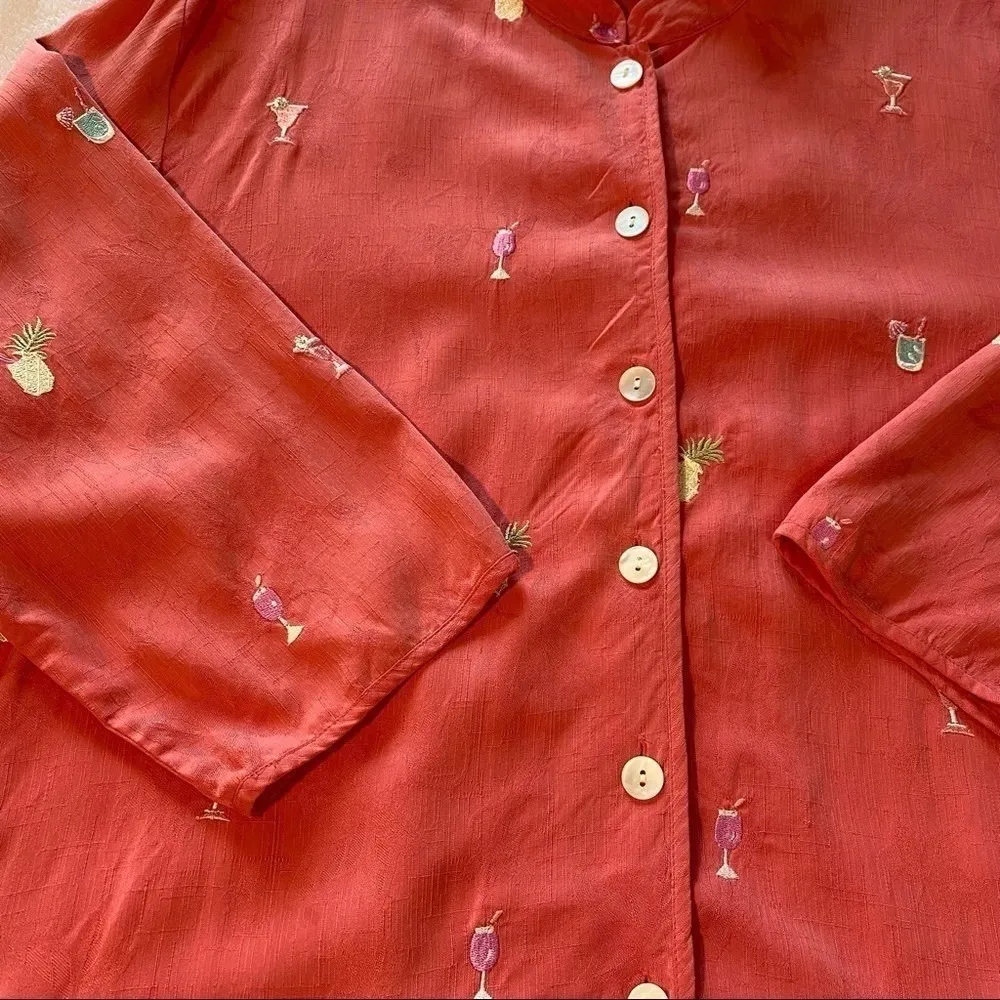 Vintage Bobby Chan Women's Pink Tropical Drink Embroidery Silk Top Size Large - Image 9