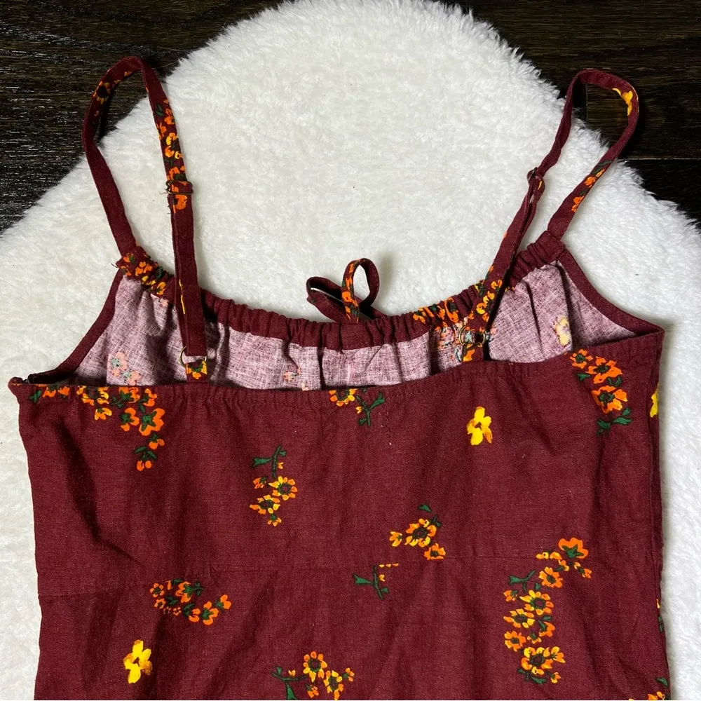 Urban Outfitters Ester Linen Blend Tie-Front Burgundy Floral Mini Dress - Image 7