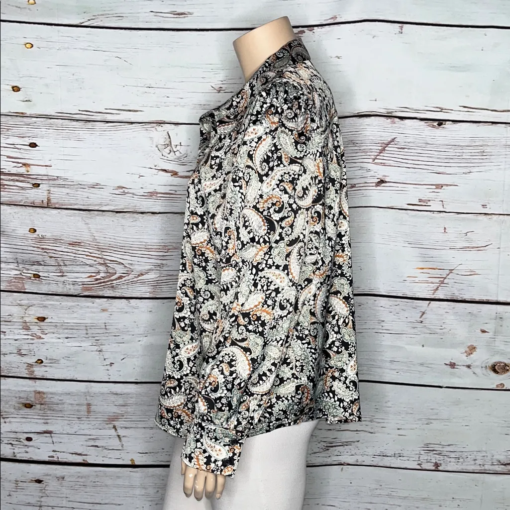 Jeannie Mai x INC Size 3X Paisley Print Satin Puff Sleeve Button Up Blouse Top Black - Image 2