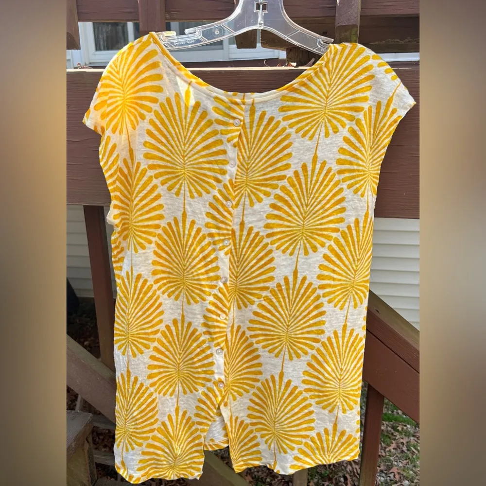 Joie Women’s 100% Linen Mustard Yellow Cap Sleeve Button Back Botanical Top|Sz:L - Image 5