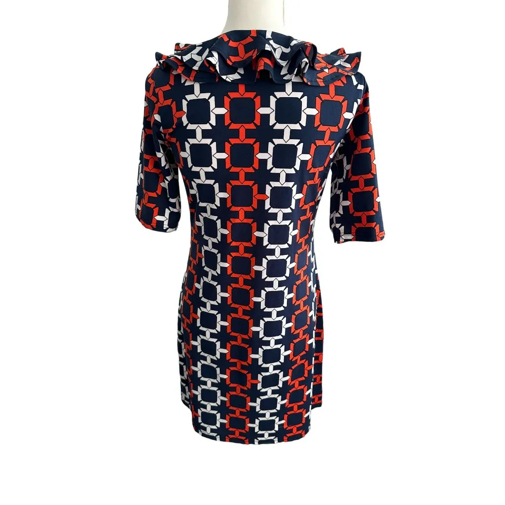 TRACY NEGOSHIAN Orange Navy Blue Ruffle V Neck Dress Size XS - Image 4