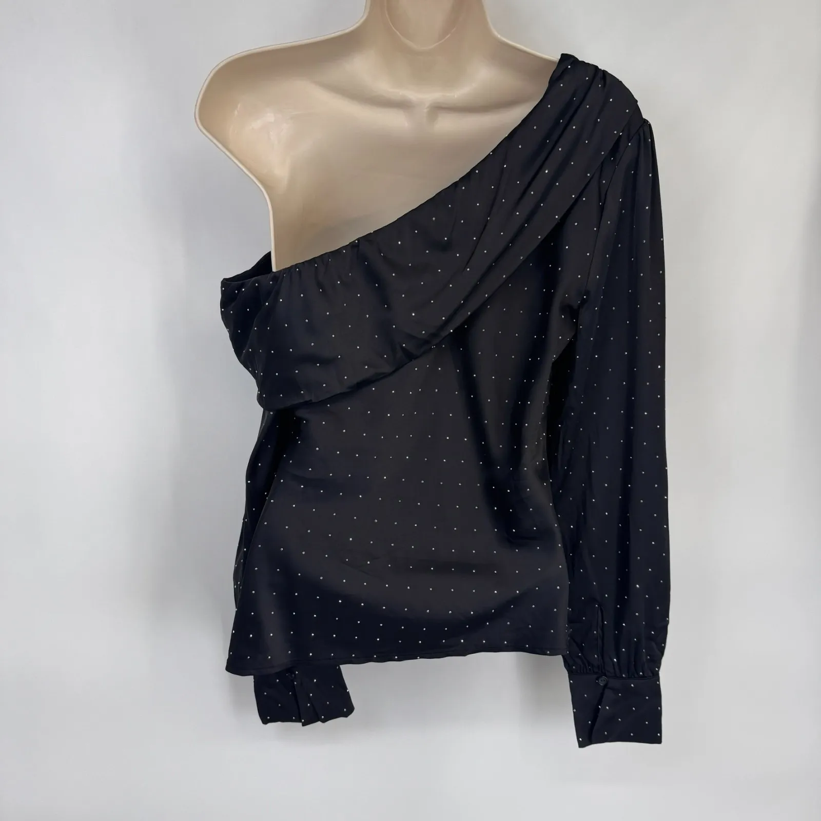 ASTR the Label Ellen One Shoulder Top size S Black Satin Rhinestone Festive NEW - Image 8