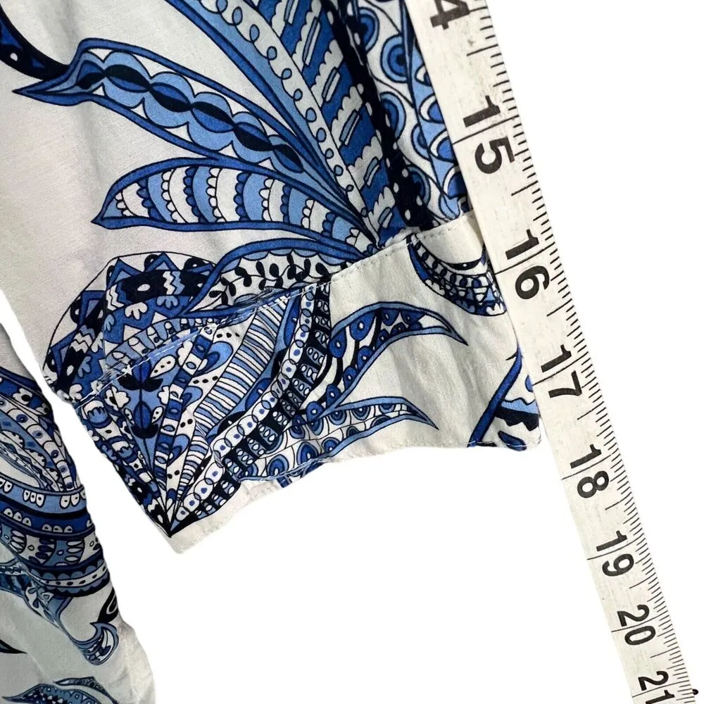 Chicos Blouse Womens US M Blue White Paisley Cotton Silk Button 3/4 Retro Boho - Image 9