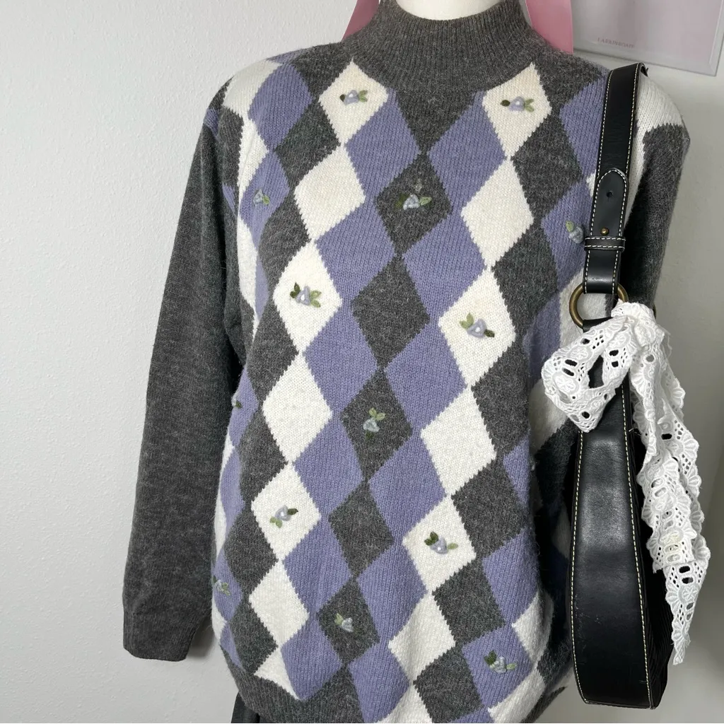 Vintage‎ 90s Floral Argyle Checker White Purple Lilac Sweater Acrylic Womens Lg - Image 3