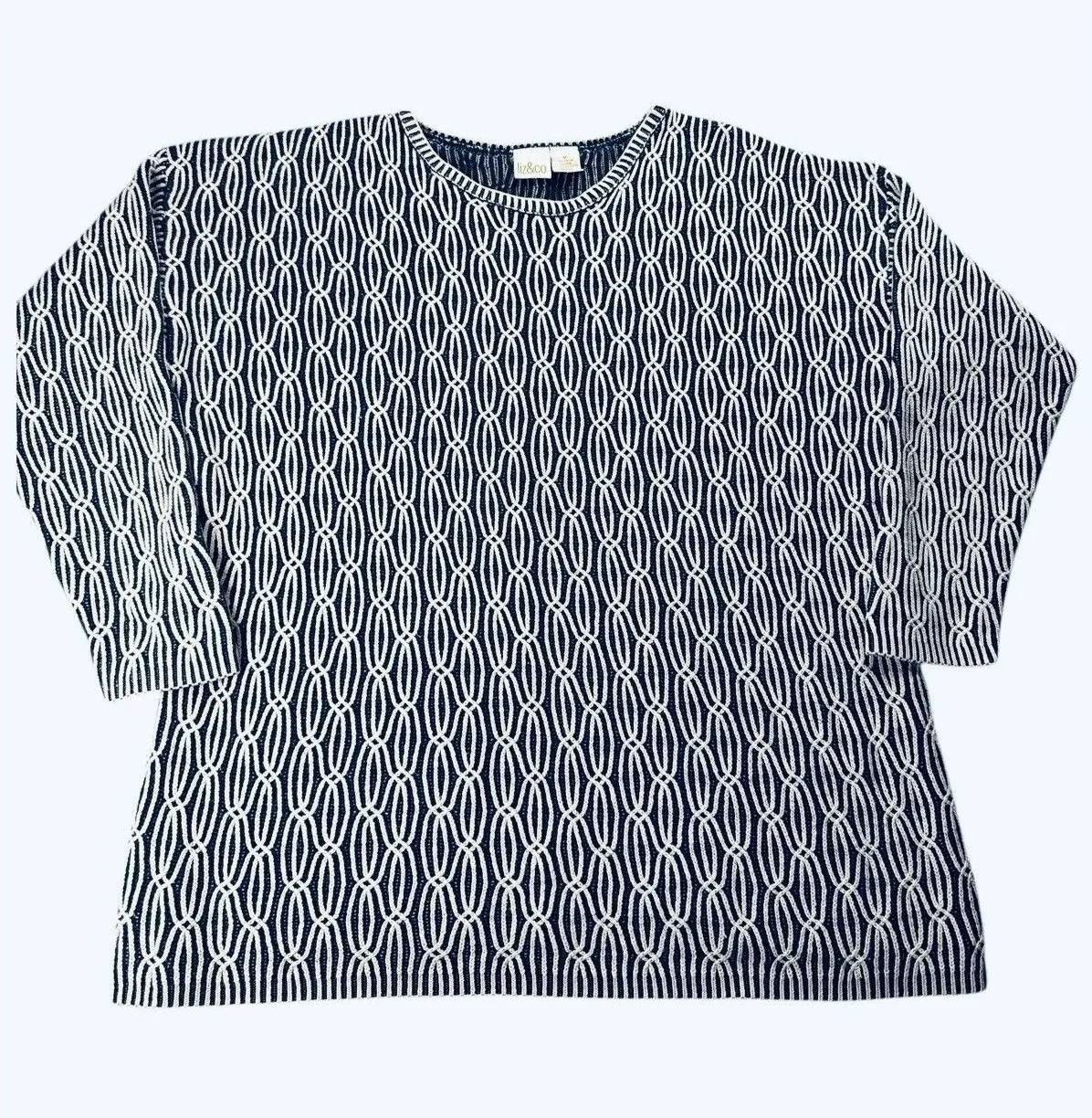 Liz & Co. Navy White Brioche Nautical Crewneck Tunic Sweater Medium Long Sleeves - Image 1