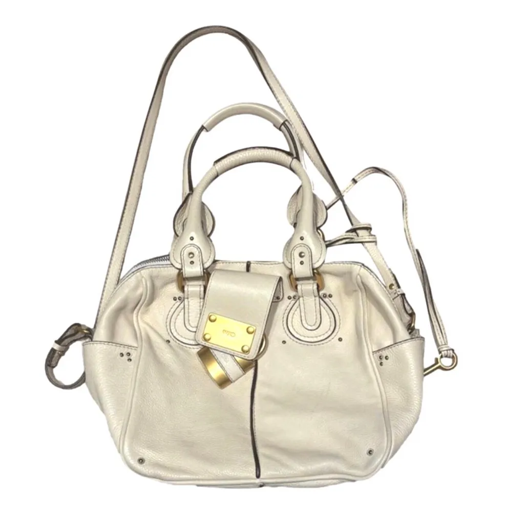 CHLOE Paddington Ivory Cream Satchel Crossbody Bag w Lock Key Removable Strap - Image 13