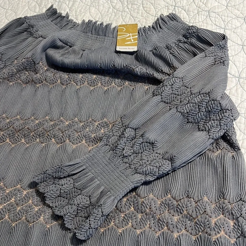 Suzanne Betro small ruffle off the shoulder lace crochet smocked top lightweight - Image 6