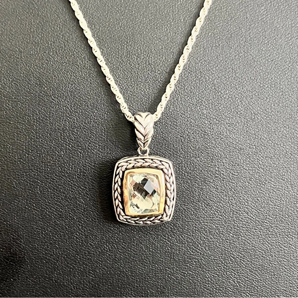 EAS Sterling Silver & 14kt Yellow Gold Cushion Cut Green Amethyst Necklace, 18” - Image 2