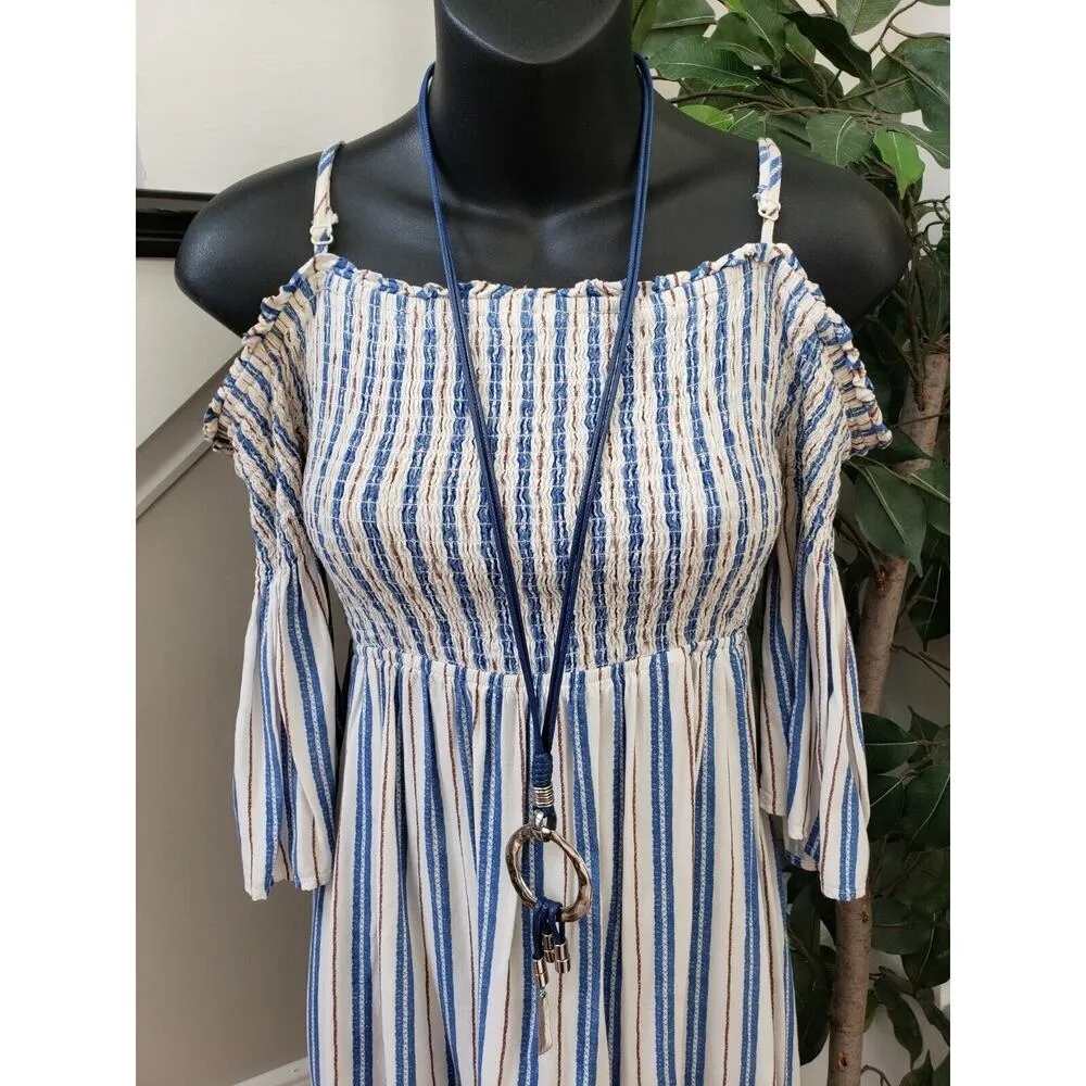 Magnolia Skye Women Multi Striped Smocked Cold Shoulder Sleeve Mini Dress Size S - Image 2