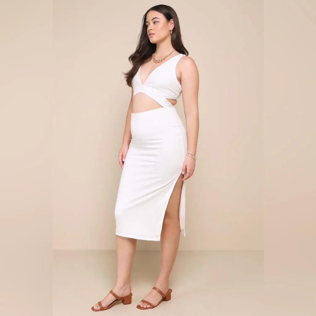 Lulus Divide and Contour White Ribbed Cutout Bodycon Midi
Dress - Image 4