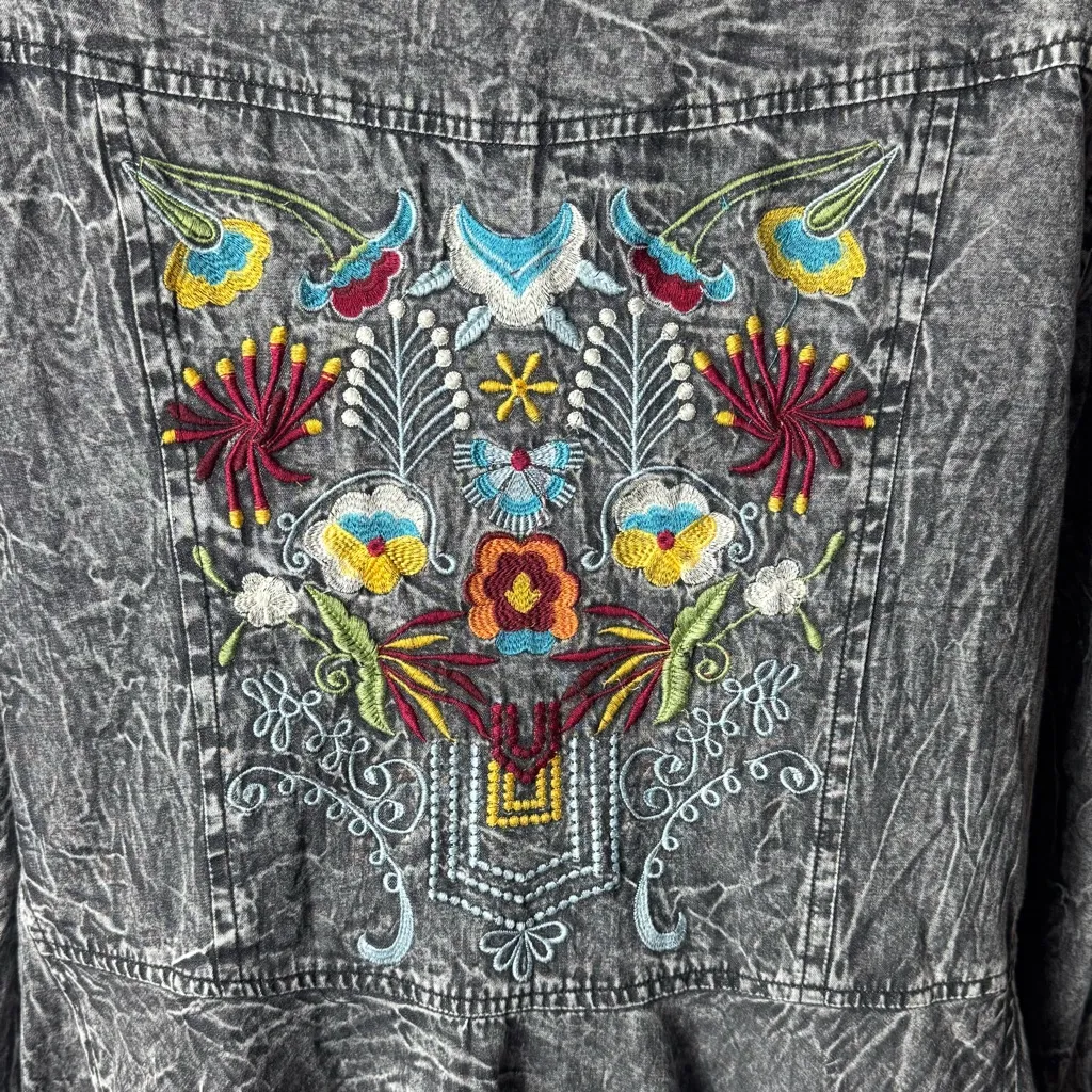 Nostalgia Black Denim Tunic with Colorful Floral Embroidery Peasant Bohemian S Gray - Image 8