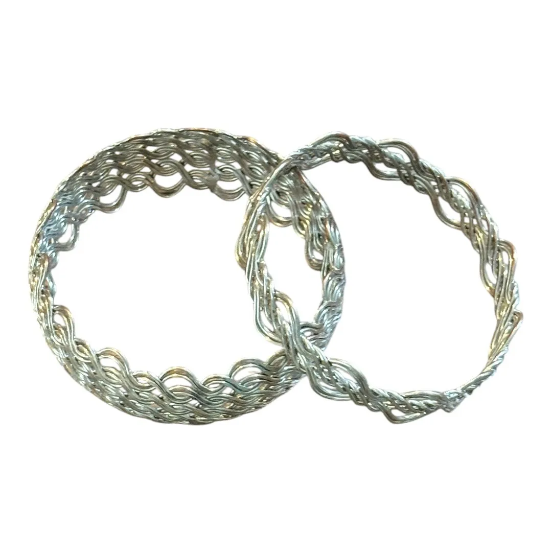 Silver Tone Woven Bangle Bracelet‎ Set Intricate Wave Pattern Stackable Jewelry - Image 10