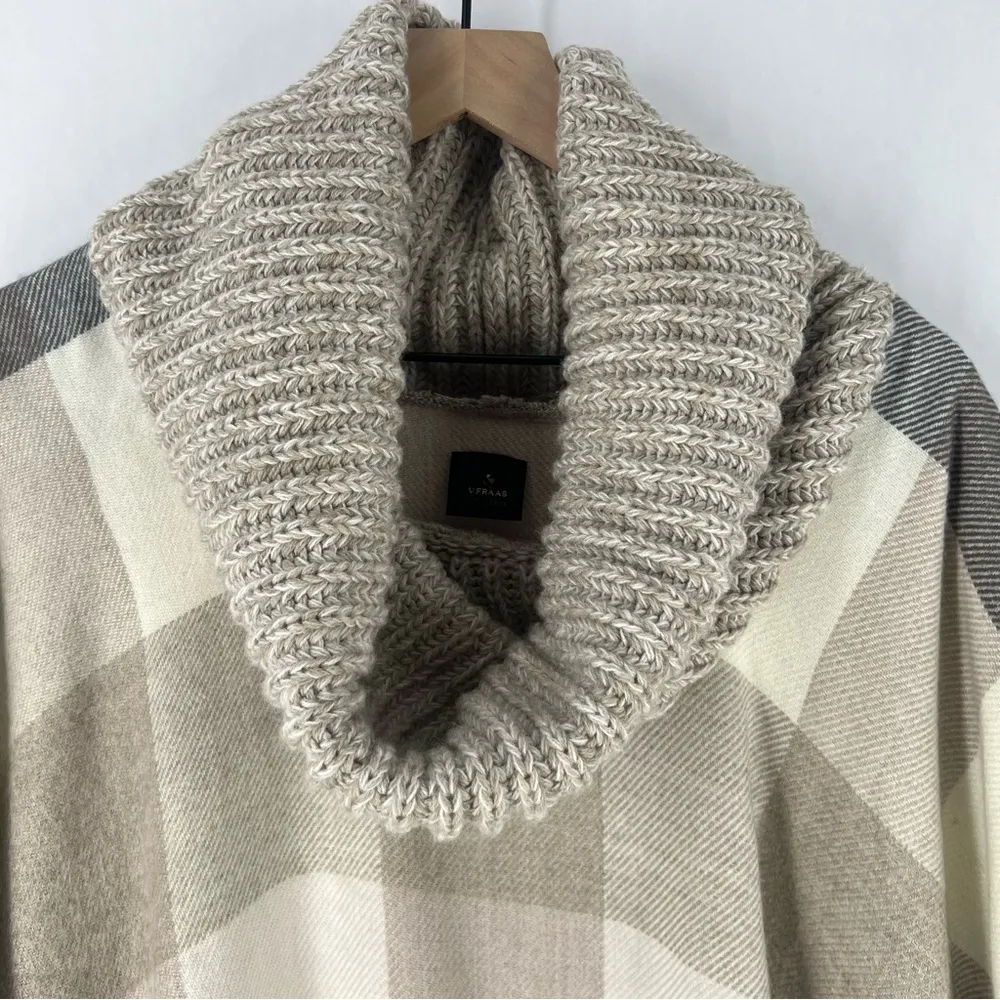 V. Fraas Plaid Flannel Cable Knit Sweater CowlNeck Fringe Poncho Neutral - Image 4