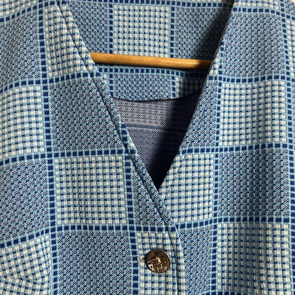 70’s Vintage Blue Checkered Print Sleeveless Button Front Vest Size L Size L - Image 4